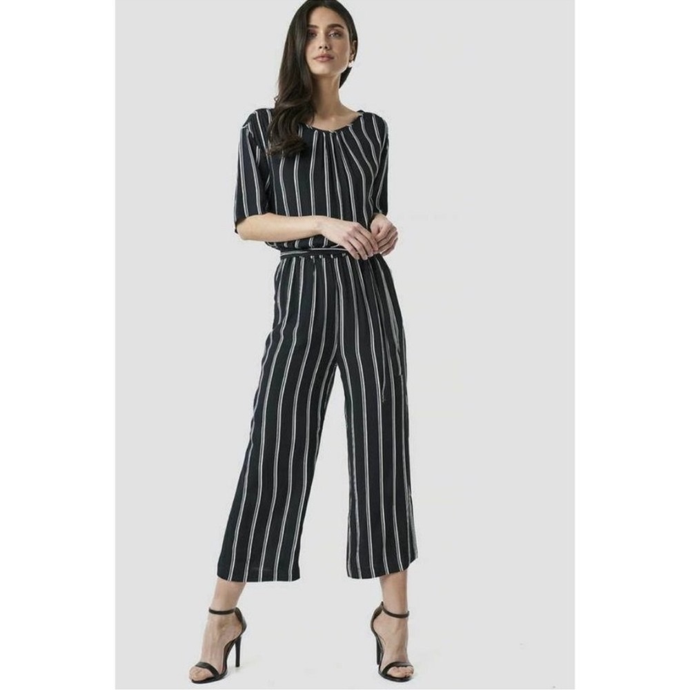 Sparkz Copenhagen Short Sleeve Crop Wide Leg Jumpsuit Black White Stripe Small